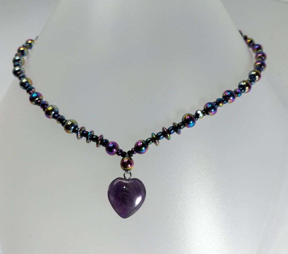 Amethyst and Rainbow Hematite Heart Necklace.