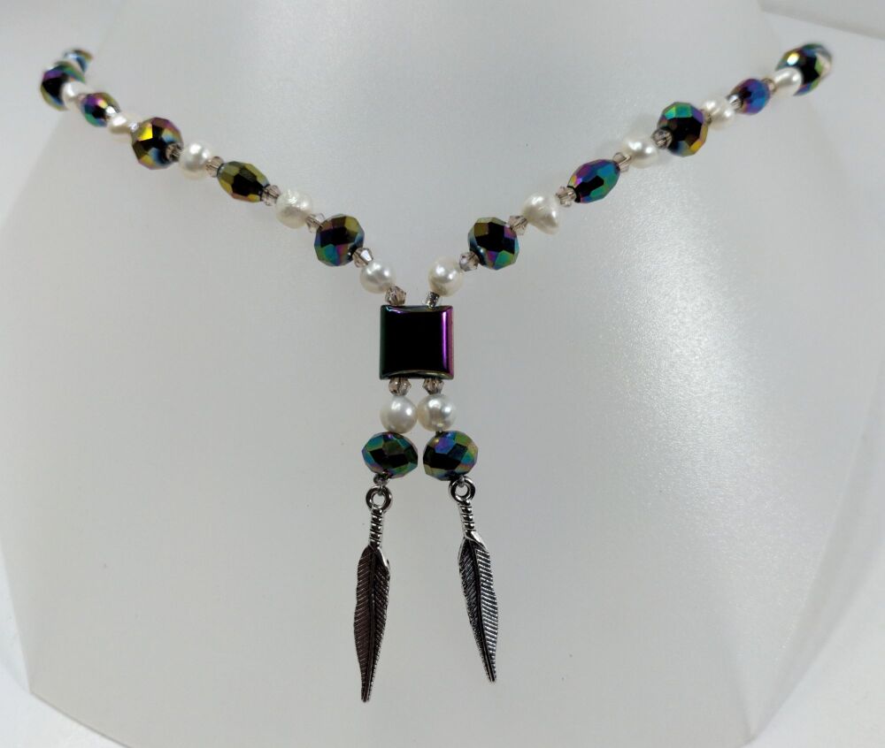 Fresh Water Pearls and Rainbow Hematite Feathers Necklace.