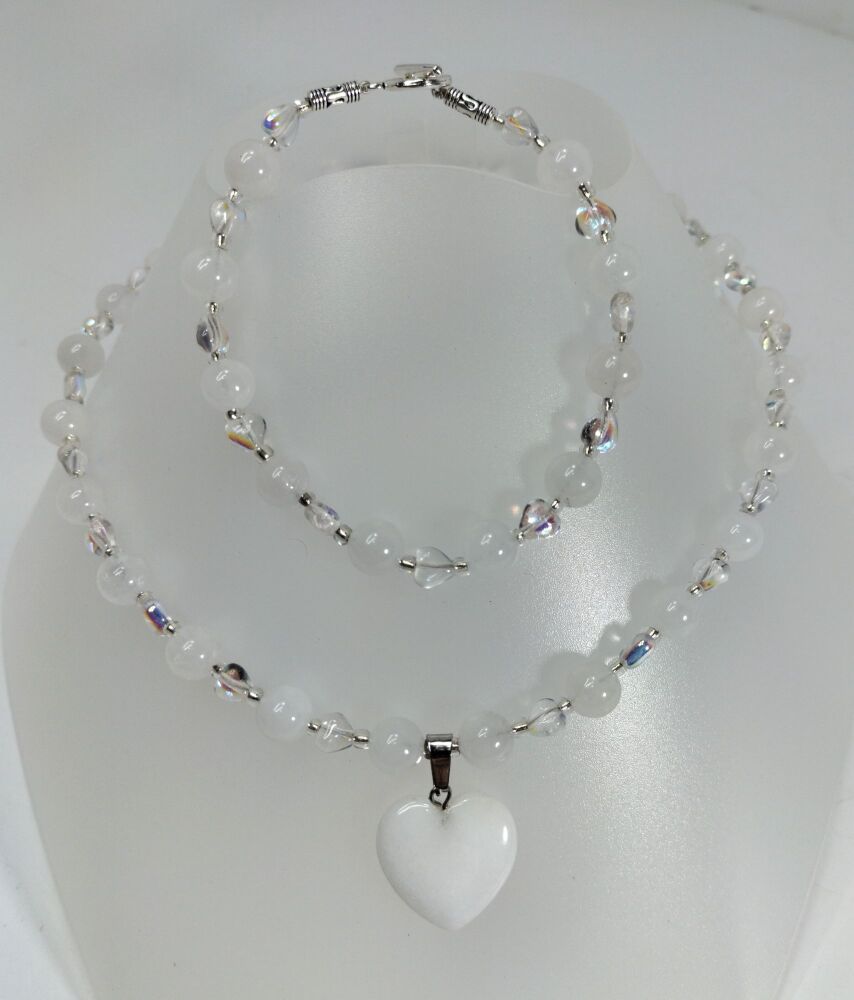 White Jade Heart Necklace and Bracelet.