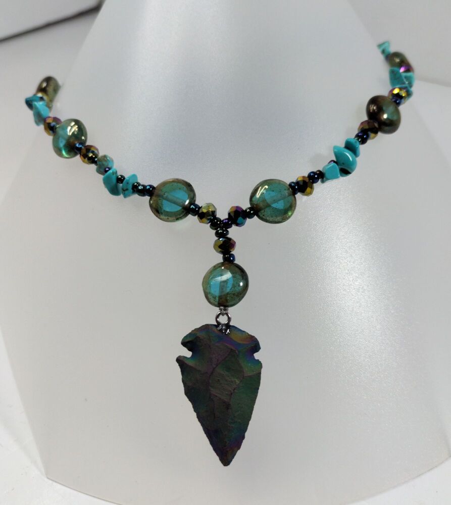 Arrow Head Pendant and Turquoise Bead Necklace. Adjustable Length.