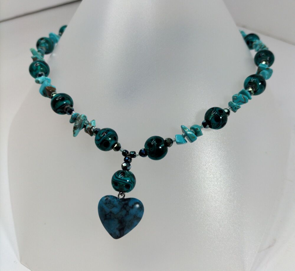 Chrysocolla Heart Pendant and Turquoise Bead Necklace. Adjustable Length.