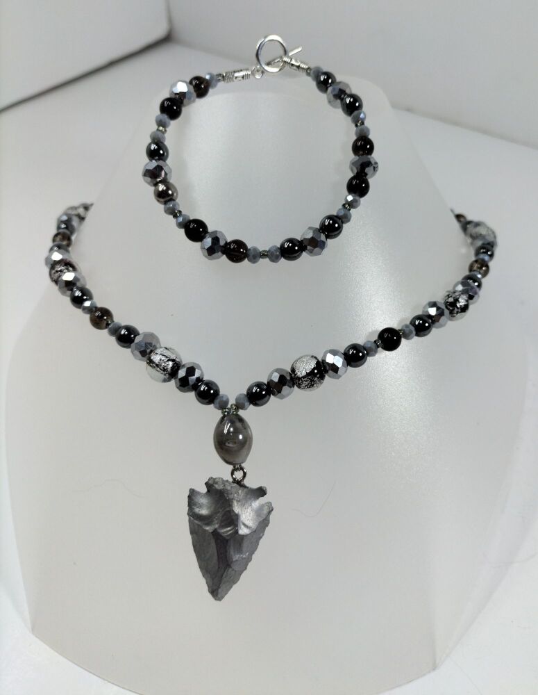 Agate Arrow Head with Hematite and Smokey Quartz Beads Necklace and Bracelet.