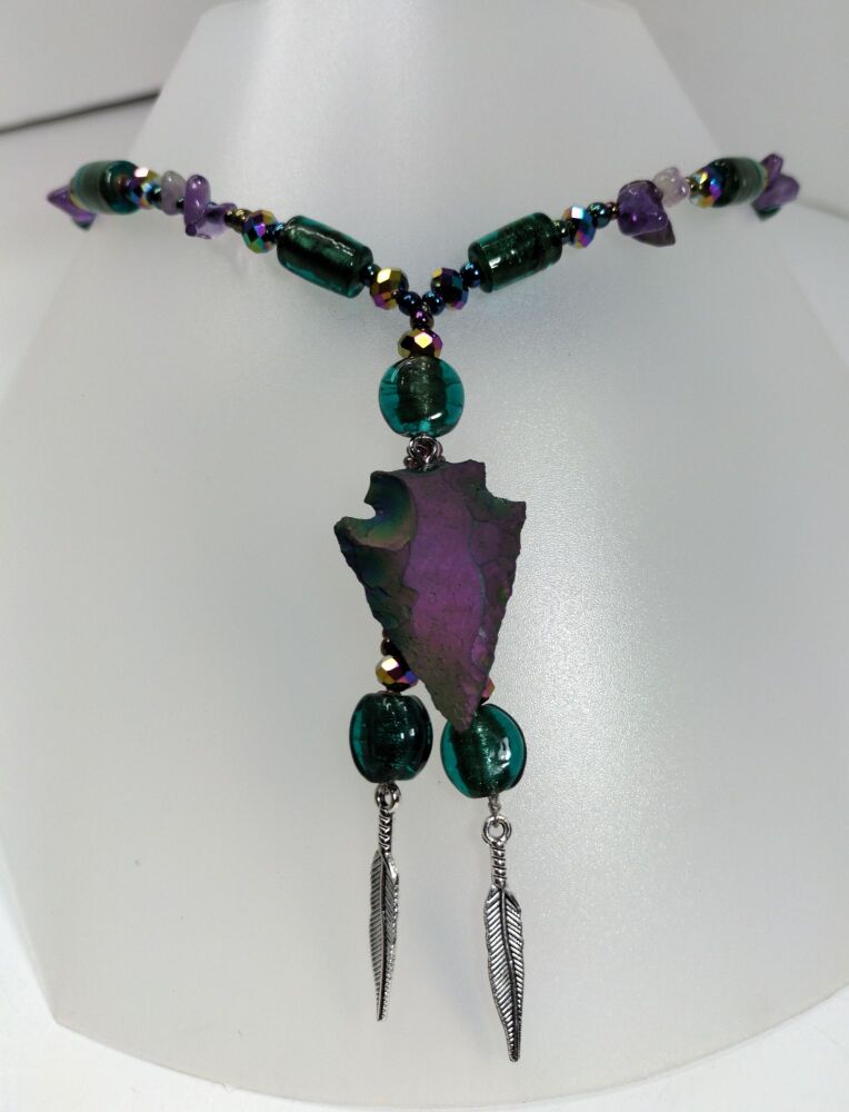 Aura Plated Agate Arrow Head with Amethyst Beads Necklace.