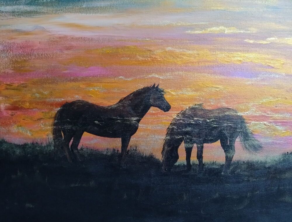 Horse Spirits in the Misty Sunset.  A Unique Artwork by Vicki Jayne Yates BA Hons.