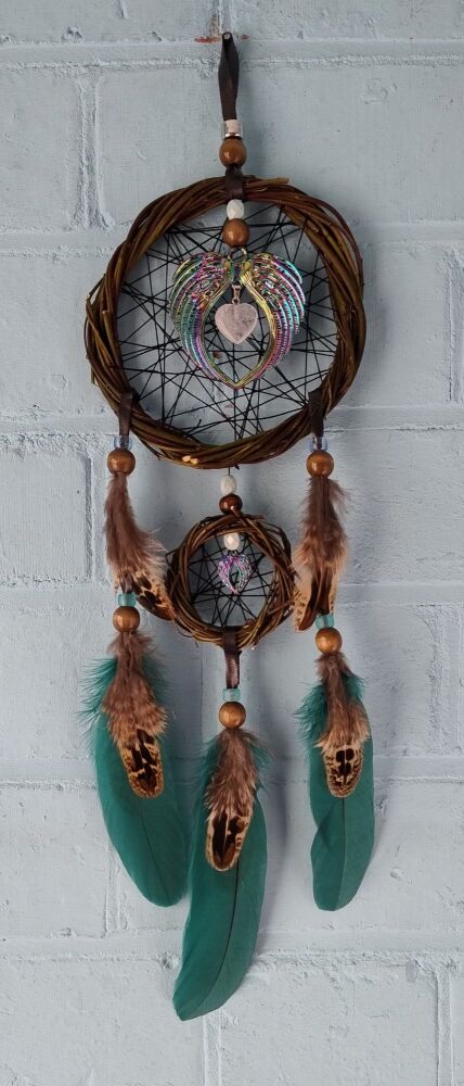 Angel Wings and Clear Quartz Heart Dream Catcher. Medium / Large Size.