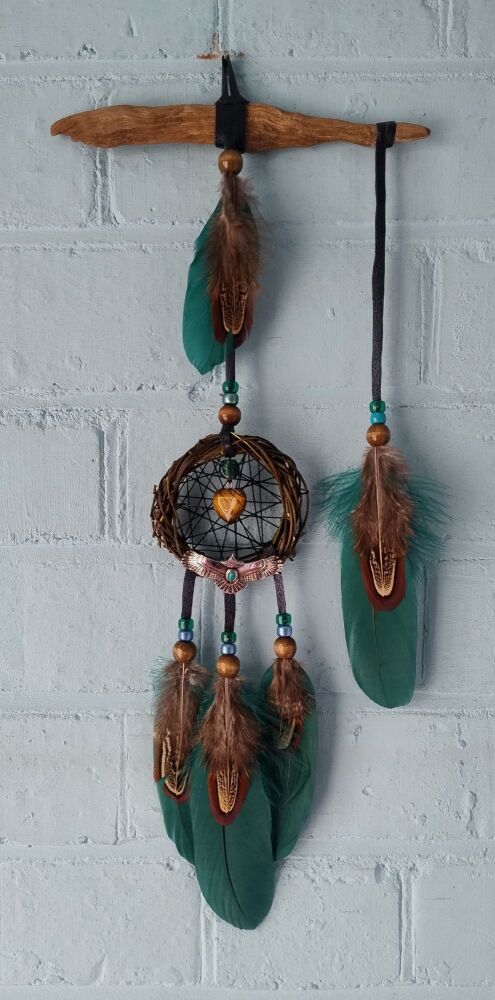 Eagle and Tigers Eye Heart Dream Catcher.  Medium / Large Size