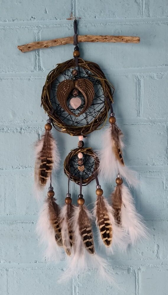 Angel Wings and Rose Quartz Dream Catcher. Medium / Large Size.