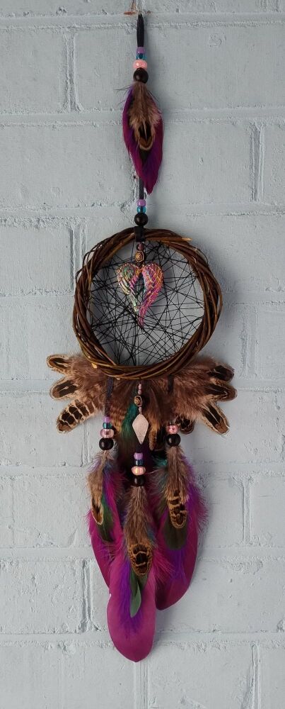 Angel Wings and Clear / White Quartz Dream Catcher. Large Size.