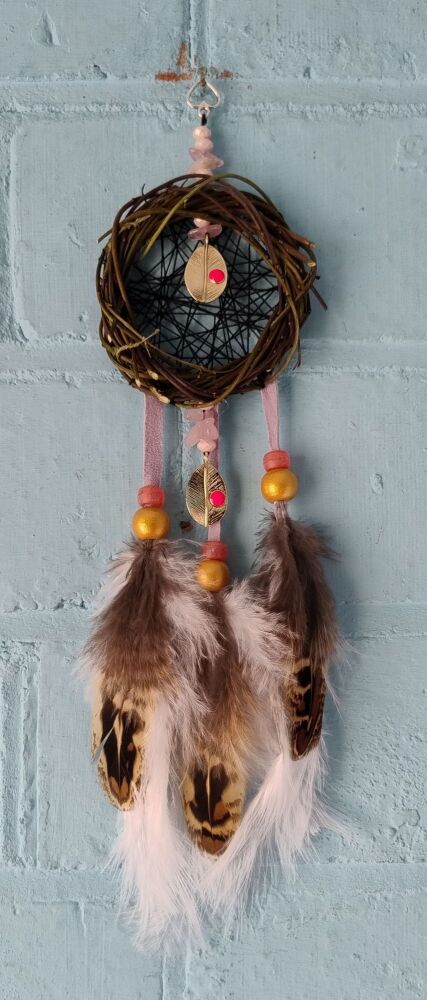 2 Leaves and Rose Quartz Dream Catcher. Small Size.
