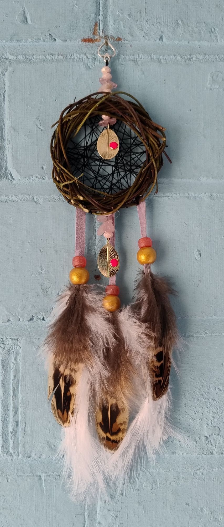 2 Leaves and Rose Quartz Dream Catcher. Small Size.