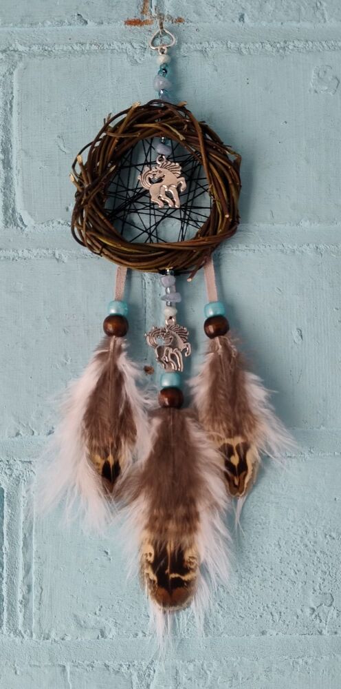 2 Horses and Aquamarine Dream Catcher. Small Size.