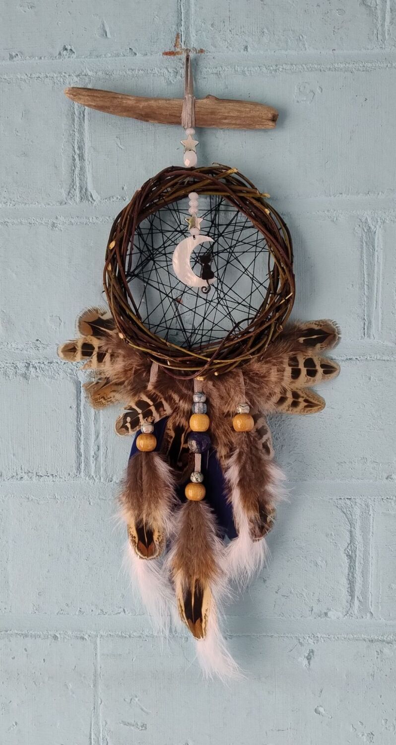Cat, Moon and Stars with Lapis Lazuli Crystal Dream Catcher. Medium Size.