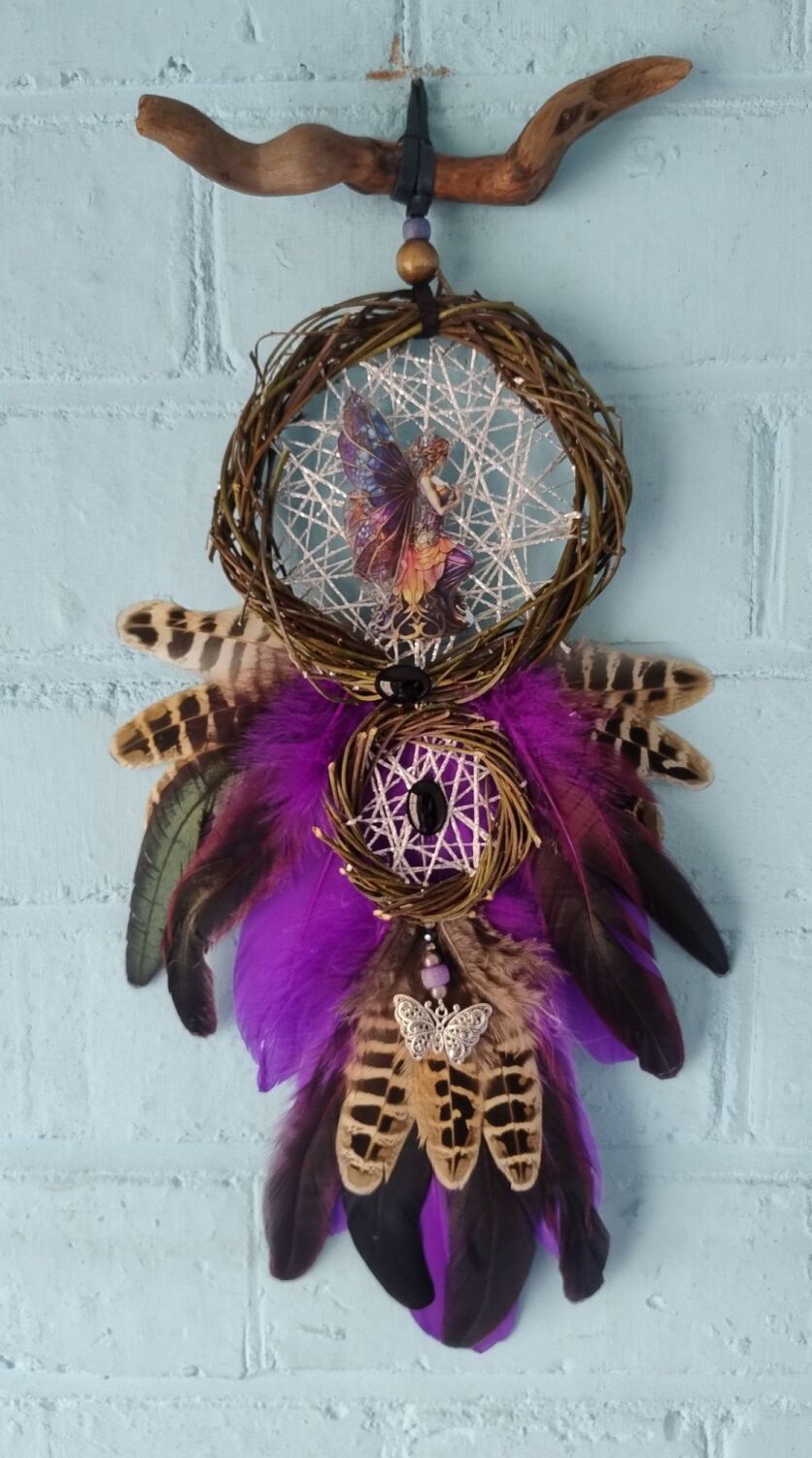 Fairy and Black Obsidian Dream Catcher. Medium Size.