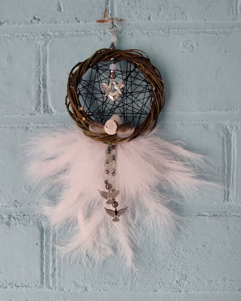 4 Doves. Shiva Shell, Moonstone and White Quartz Dream Catcher. Small Size