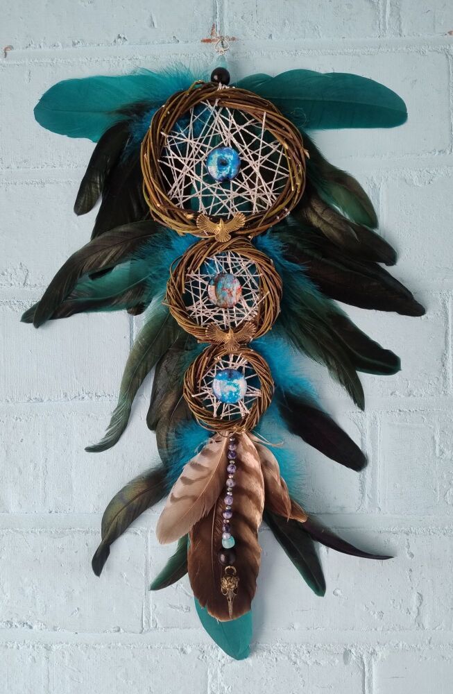 2 Eagles, Skull and Blue Sodalite Dream Catcher.  Medium / Large Size