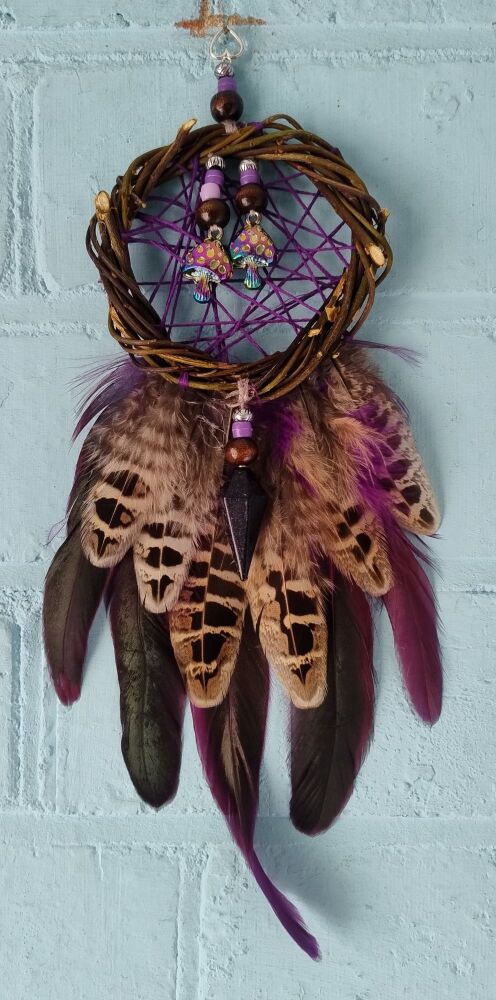 Mushrooms and Blue Goldstone Dream Catcher. Medium / Large Size