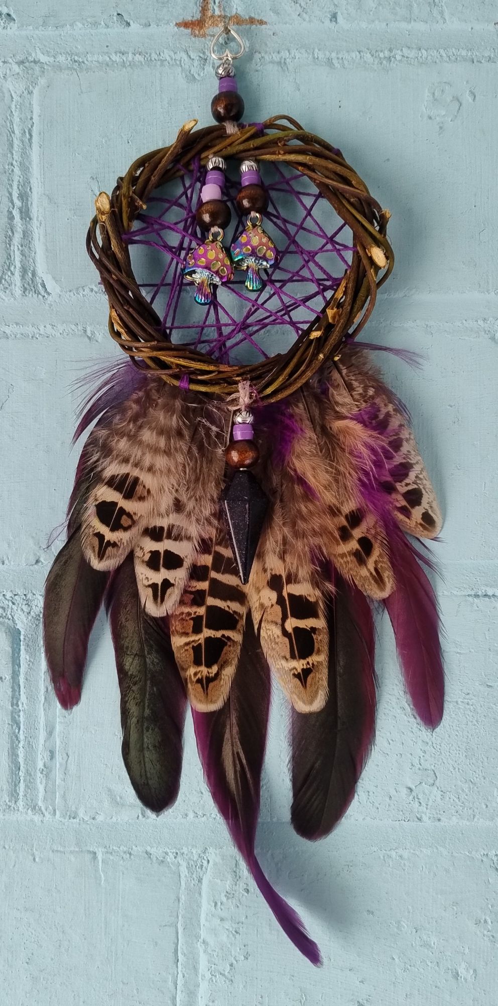 Mushrooms and Blue Goldstone Dream Catcher. Medium / Large Size
