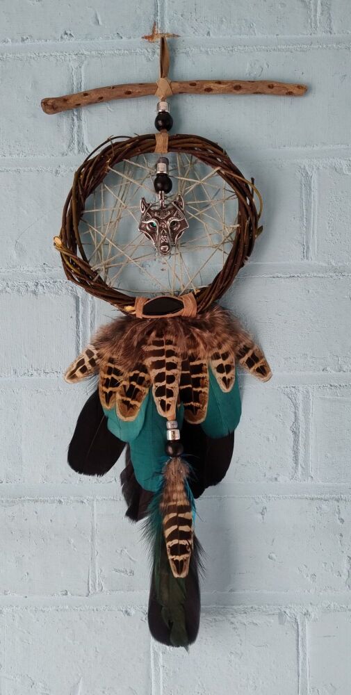 Wolf and Black Obsidian Dream Catcher. Medium / Large Size