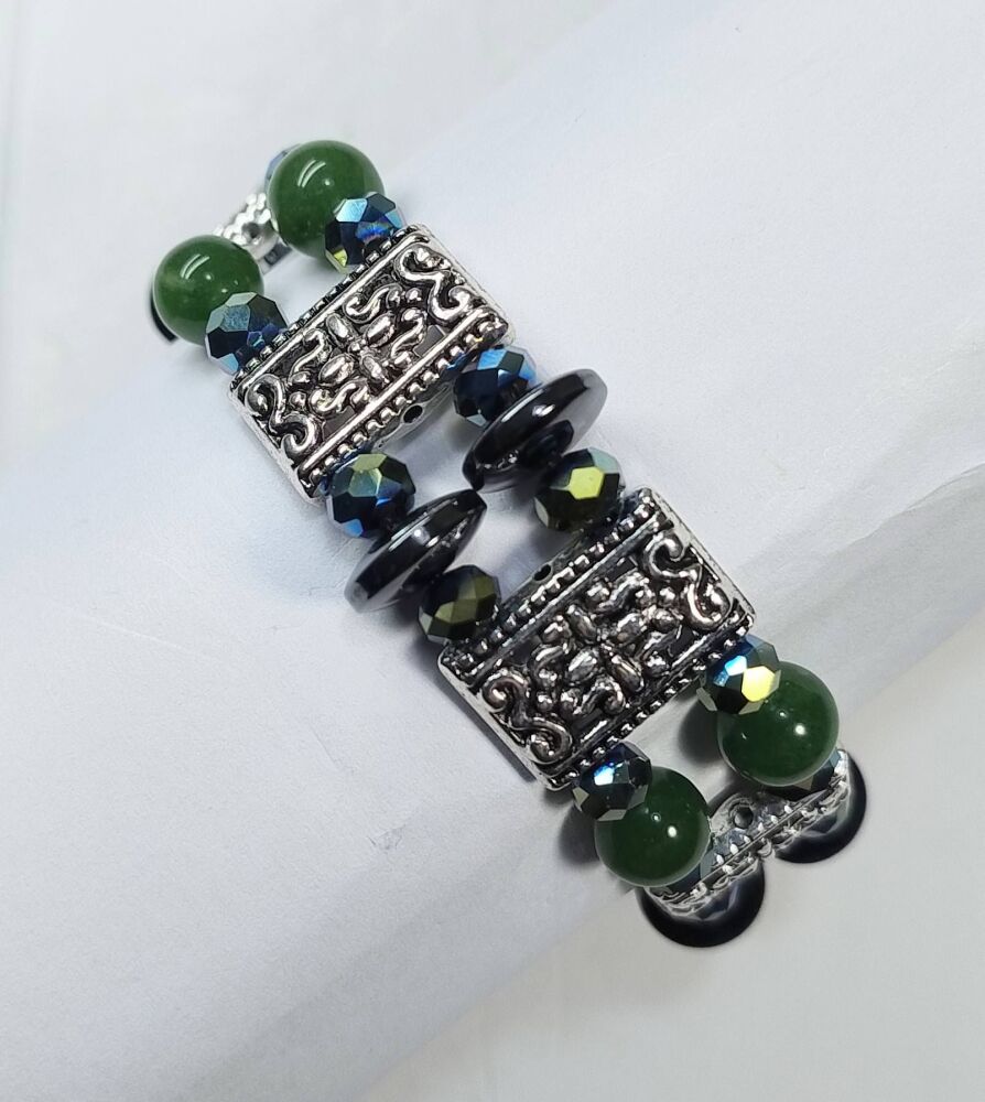 Green Jade and Hematite Stretchy Bracelet. Double Strand.