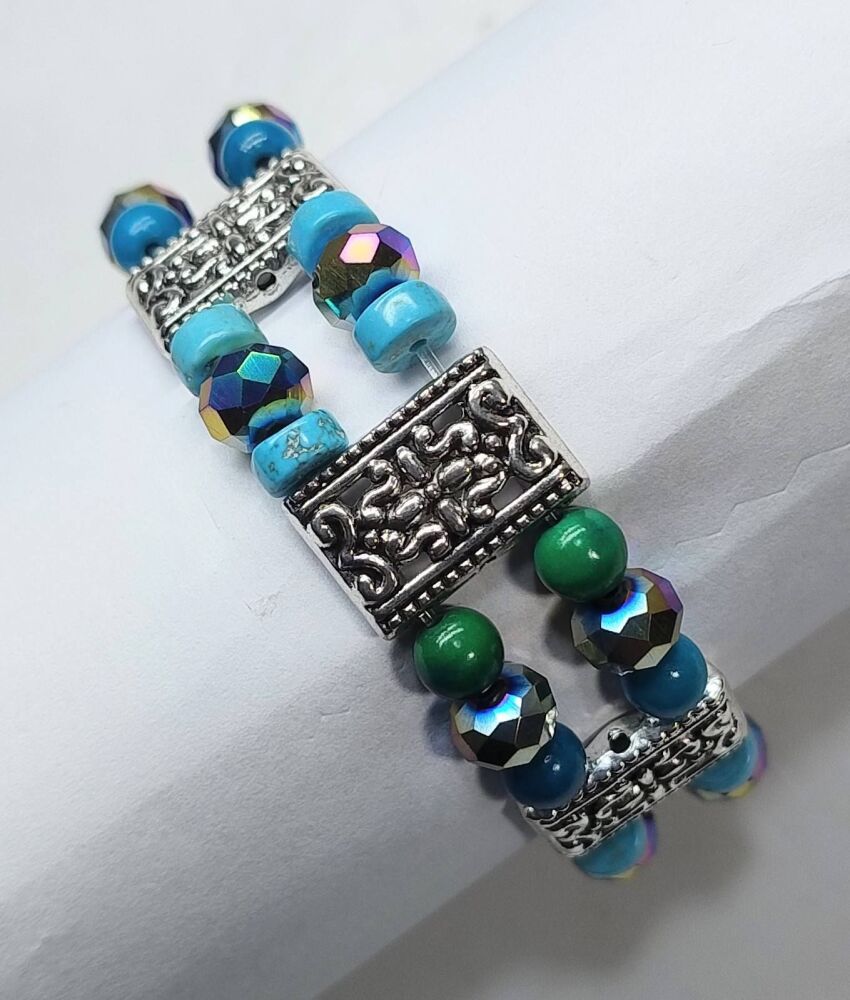 Turquoise and Chrysocolla Stretchy Bracelet. Double Strand.
