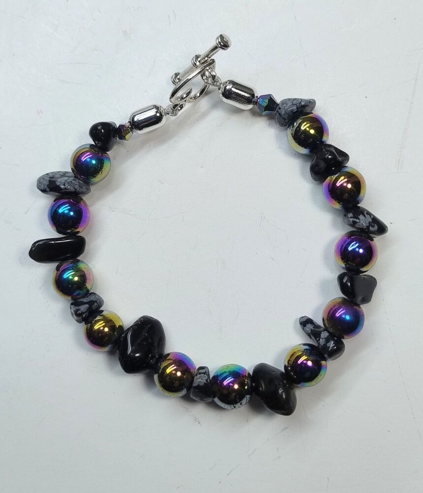 Snowflake Obsidian and Black Obsidian Bracelet. Single Strand.