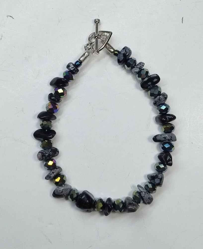 Black Obsidian and Snowflake Obsidian Bracelet. Single Strand.