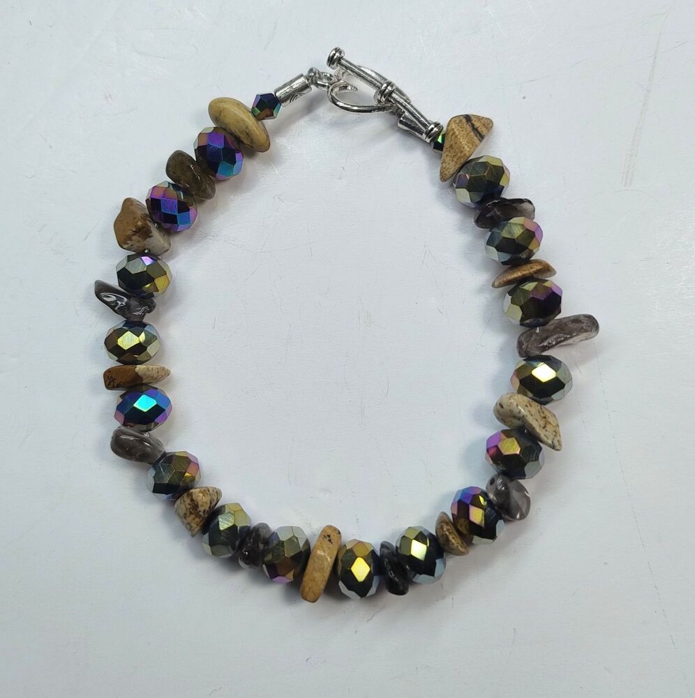 Smokey Quartz and Picture Jasper Bracelet. Single Strand.