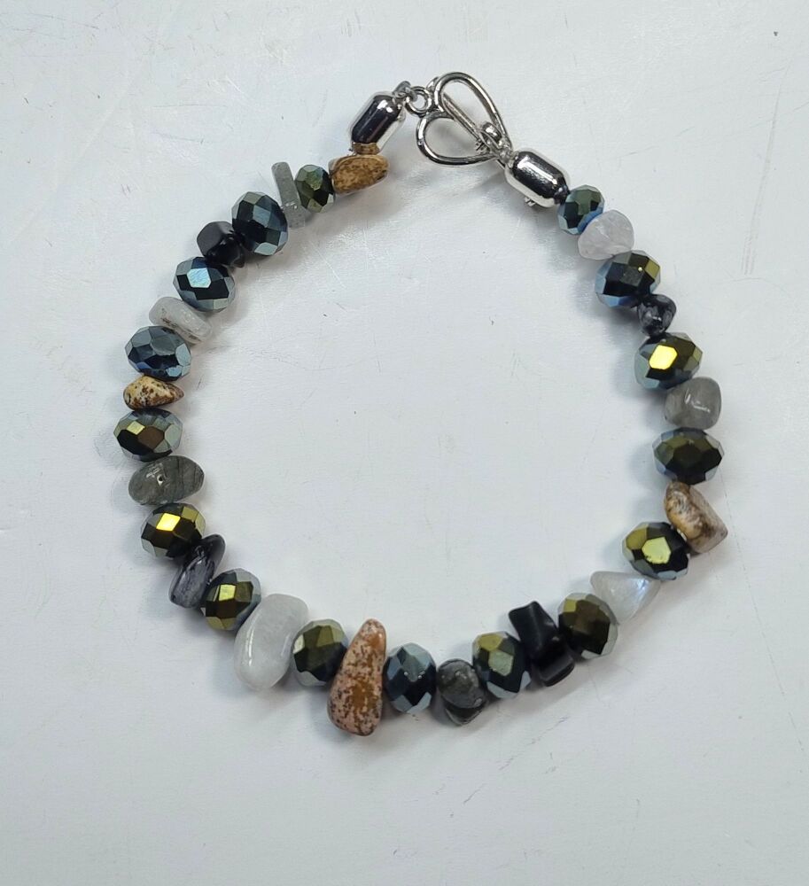 Picture Jasper, Labradorite, Snowflake and Black Obsidian and White Quartz Bracelet. Single Strand.