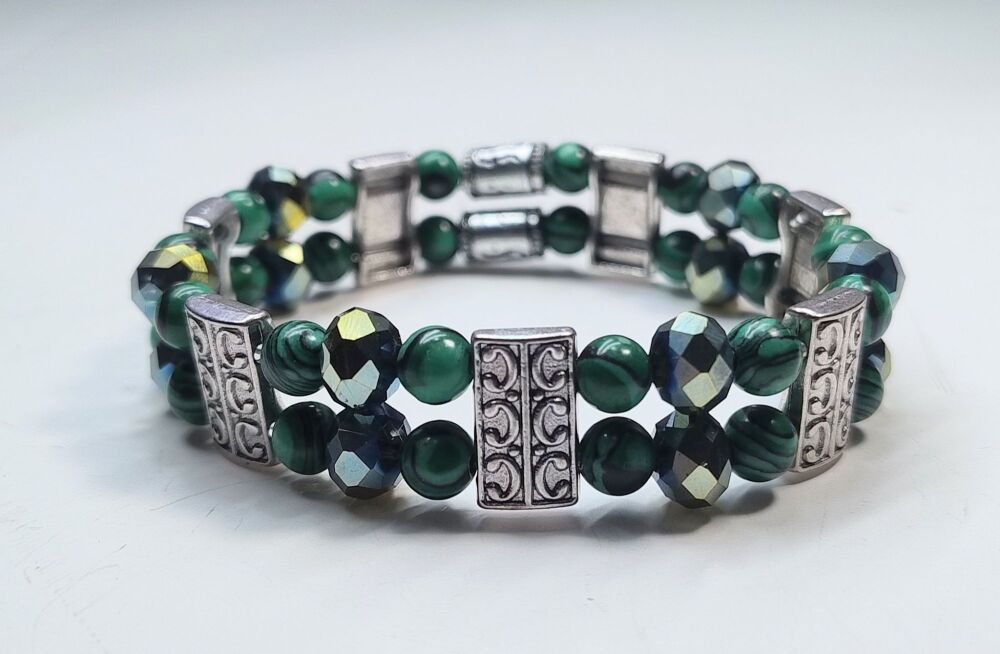 Malachite Stretchy Bracelet. Double Strand.