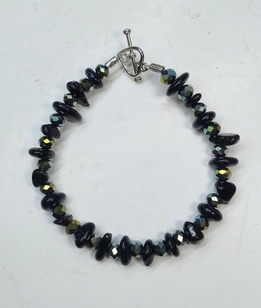Black Obsidian and Blue Goldstone Bracelet. Single Strand.