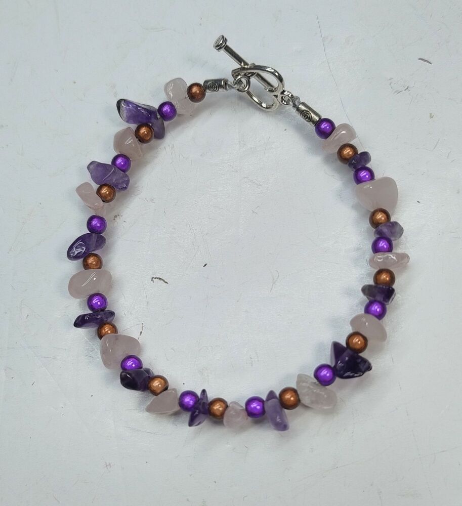 Amethyst and Rose Quartz Bracelet. Single Strand.