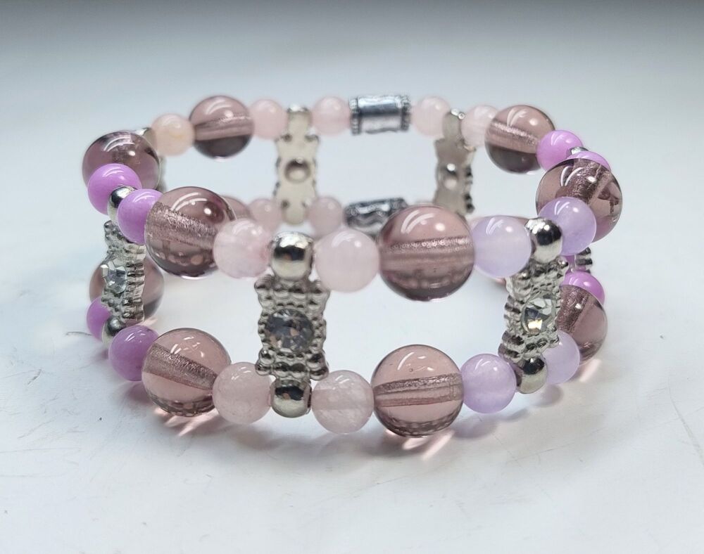 Rose Quartz, Lavender and Pink Jade Stretchy Bracelet. Double Strand.