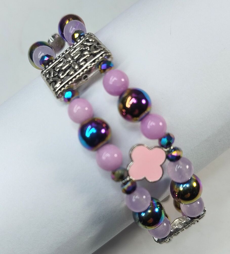 Lavender and Pink Jade Bracelet. Double Strand. Fixed length with decorative clasp.