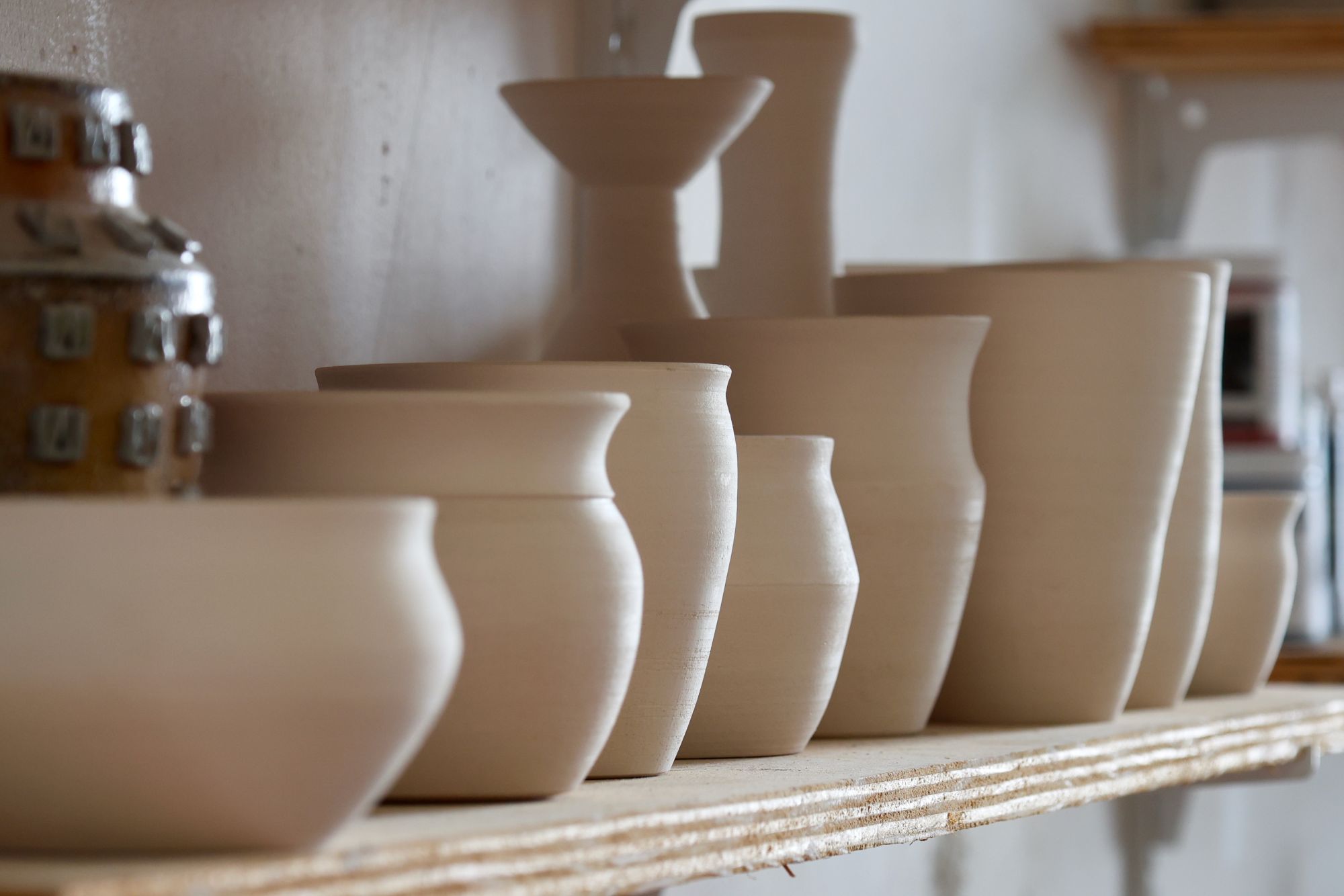 A selection of pottery lined up on a shelf