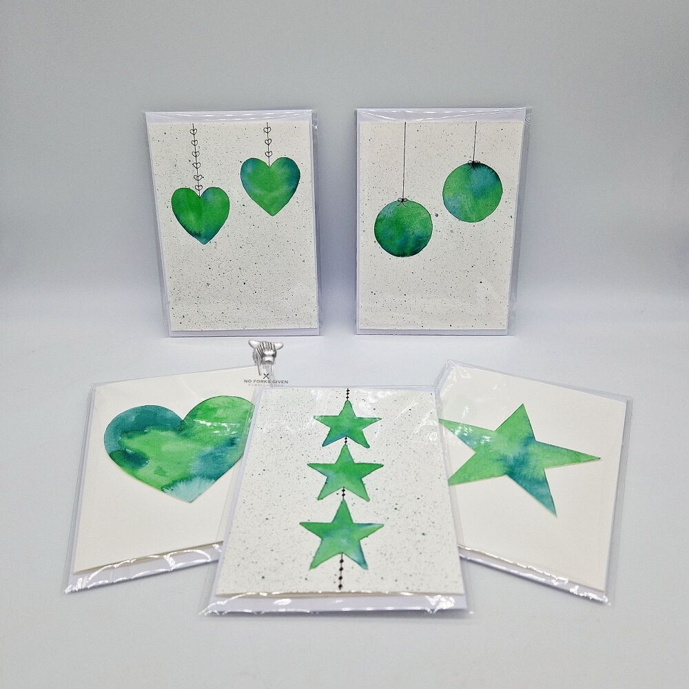 Christmas Cards (Greens - 5-pack) - Hand-painted Watercolour Cards with Envelopes