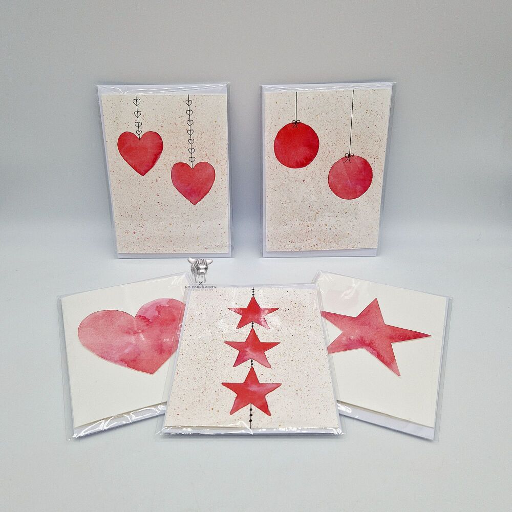 Christmas Cards (Reds - 5-pack) - Hand-painted Watercolour Cards with Envelopes