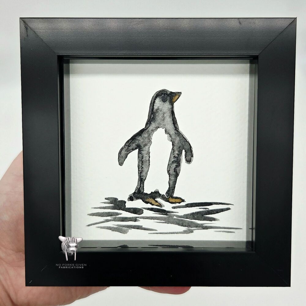 Z. Ready to Post: Penguin - Original Framed Mini Watercolour Painting
