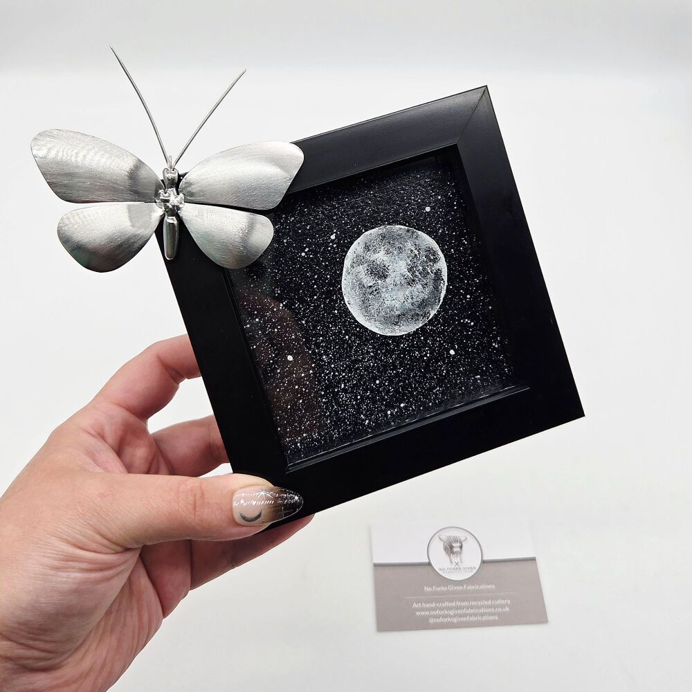 Ready to Post: Moon - Original Framed Mini Acrylic Painting with Butterfly Sculpture