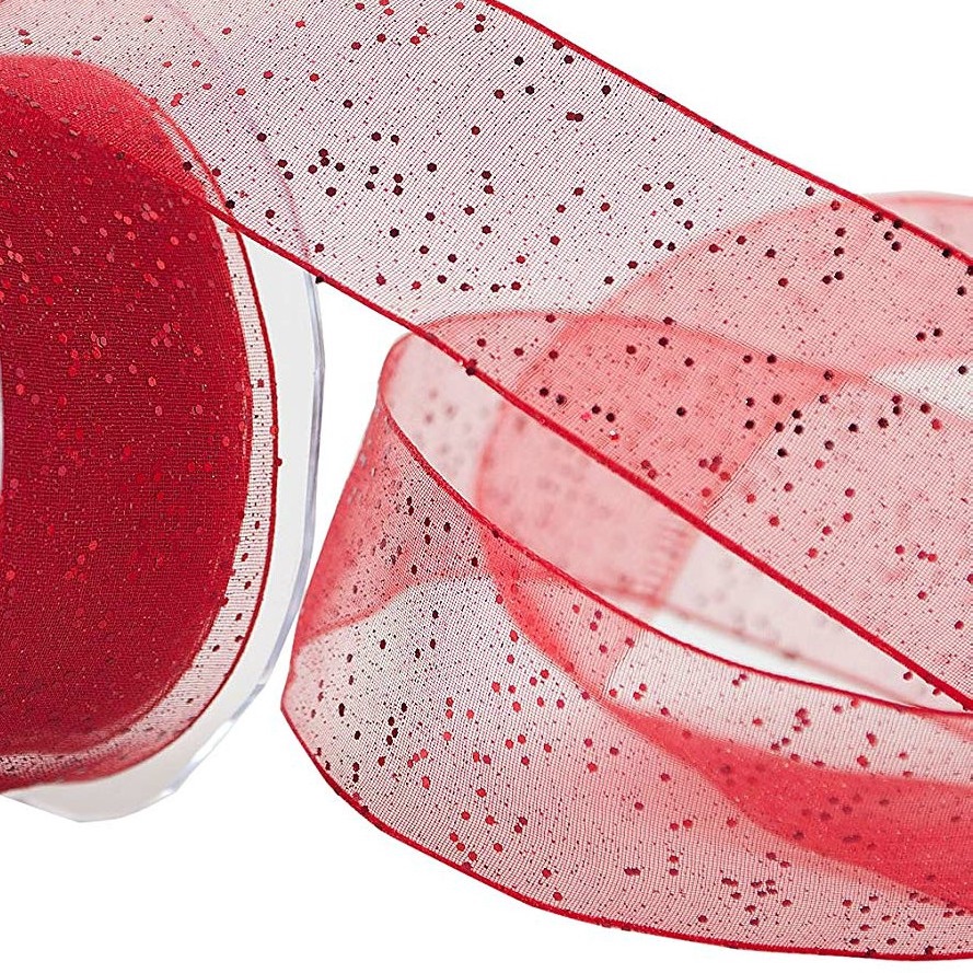 40mm Wide Berisfords Super Sparkly Random Glitter Wired Ribbon - Red