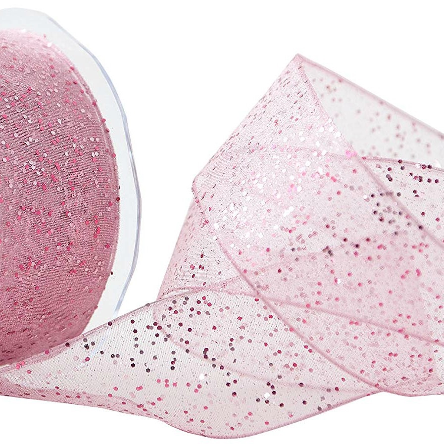 25mm Wide Berisfords Super Sparkly Random Glitter Wired Ribbon - Pink
