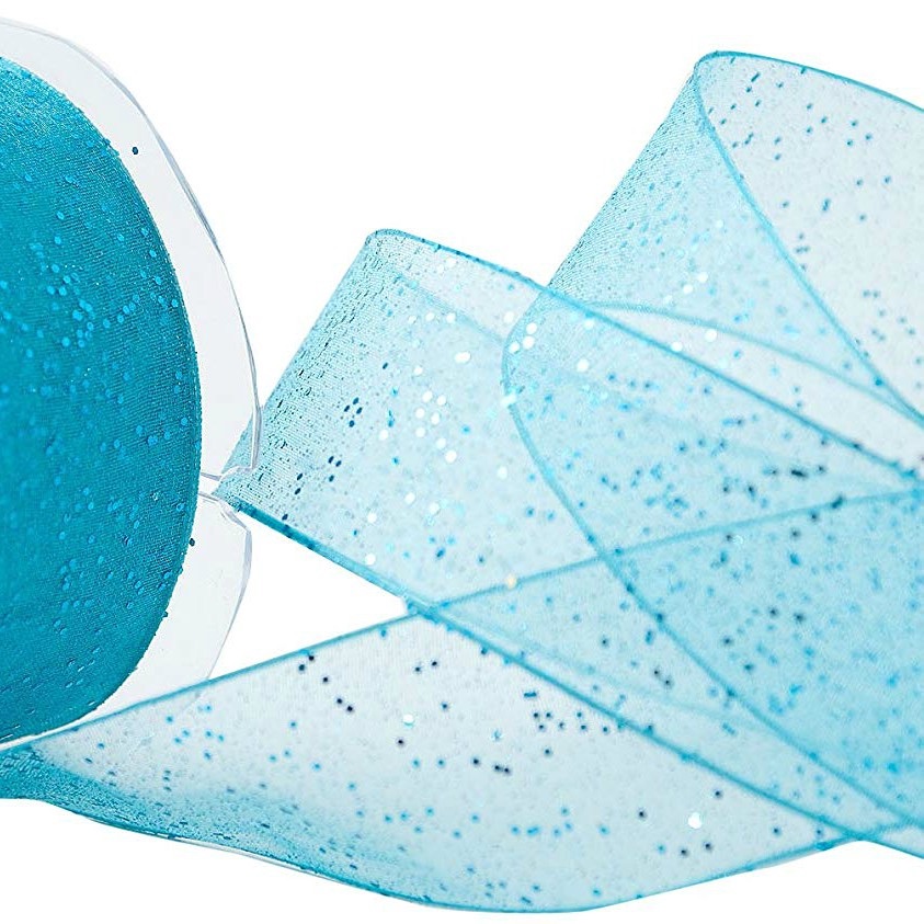40mm Wide Berisfords Super Sparkly Random Glitter Wired Ribbon - Turquoise