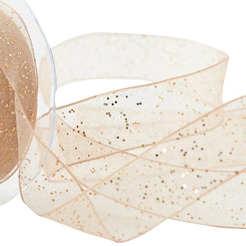 25mm Wide Berisfords Super Sparkly Random Glitter Wired Ribbon - Honey Gold