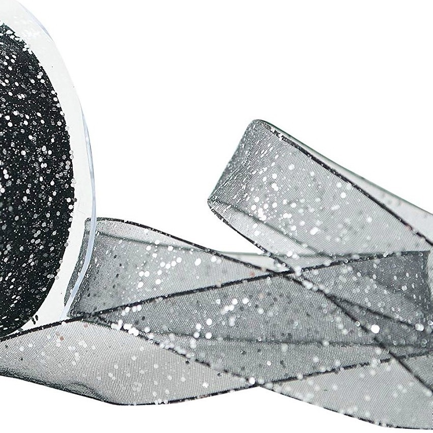 40mm Wide Berisfords Super Sparkly Random Glitter Wired Ribbon - Black