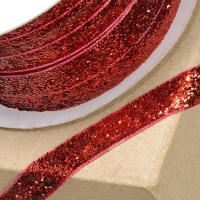 10mm Wide Velvet Glitter Ribbon - Red
