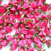 Mini Satin Ribbon Roses With Leaf 25mm - Cerise Pink