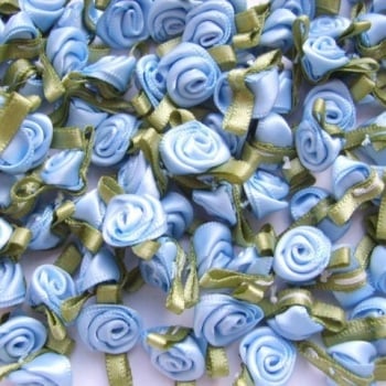 Mini Satin Ribbon Roses With Leaf 25mm - Light Blue