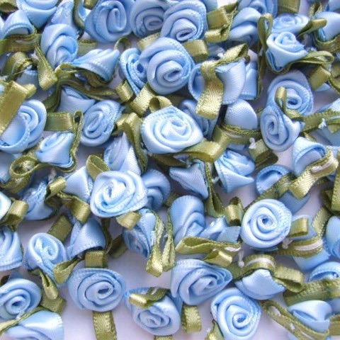 Mini Satin Ribbon Roses With Leaf 25mm Light Blue