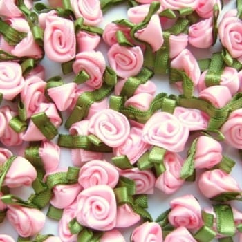 Mini Satin Ribbon Roses With Leaf 25mm - Light Pink