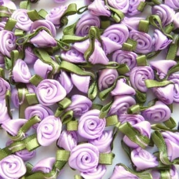 Mini Satin Ribbon Roses With Leaf 25mm - Lilac