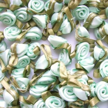 Mini Satin Ribbon Roses With Leaf 25mm - Mint Green